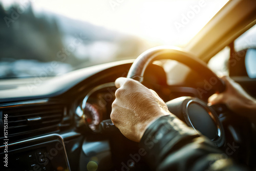 Man driving a car during sunset on a bright day