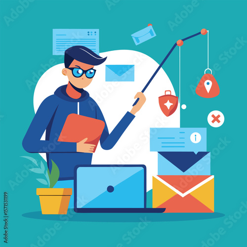 Cybersecurity illustration depicting phishing attacks and online data protection concepts