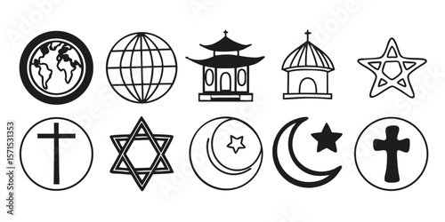 Comprehensive icon set featuring diverse cultural and religious symbols ideal for graphic design projects needing representation of global traditions beliefs and heritage elements suitable for
