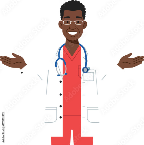 Doctor in white coat and red scrubs with stethoscope smiling illustration