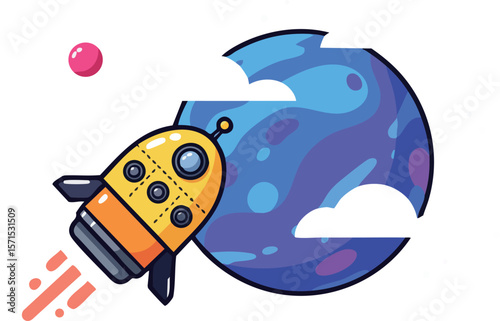 Space rocket flying near colorful purple and blue planet with clouds vector illustration 