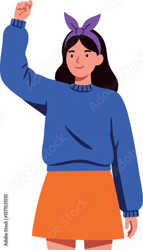 Young woman raising fist in blue sweater and orange skirt vector illustration 