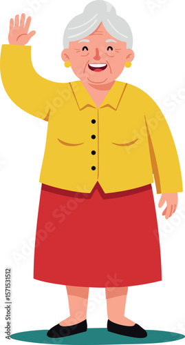 Elderly Woman Waving Hand Wearing Yellow Jacket and Red Skirt Vector Illustration 