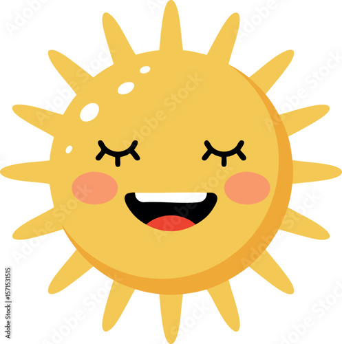 Smiling sun with closed eyes and rosy cheeks yellow cute sun vector illustration 