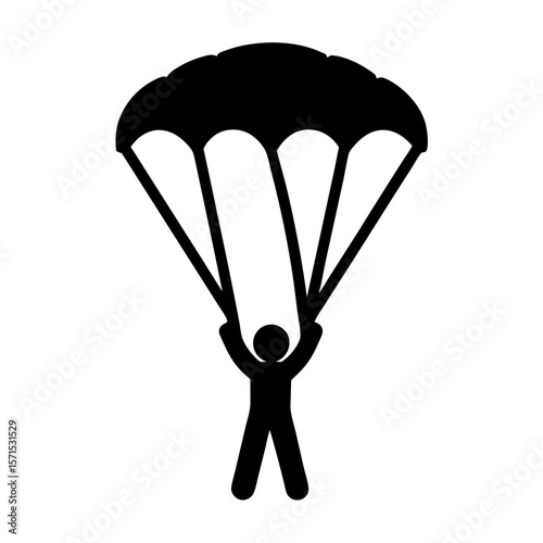Simple black and white pictogram of a person skydiving or parachuting