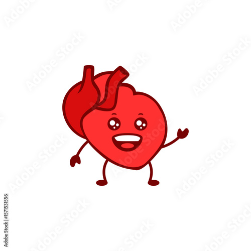 Heart character smiling widely, featuring big eyes and red color. friendly, happy, cartoon style.