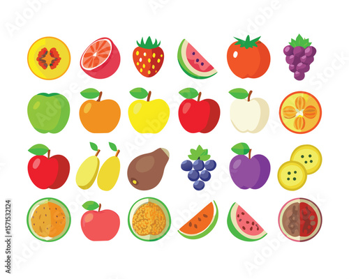 A comprehensive icon set featuring a variety of fruits perfect for websites applications and graphic design projects offering a vibrant and visually appealing collection of