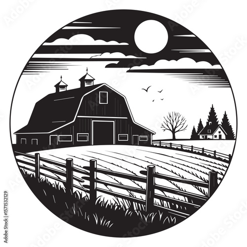 Stylized black and white circular silhouette of a farm scene at dusk with a barn house trees and moon