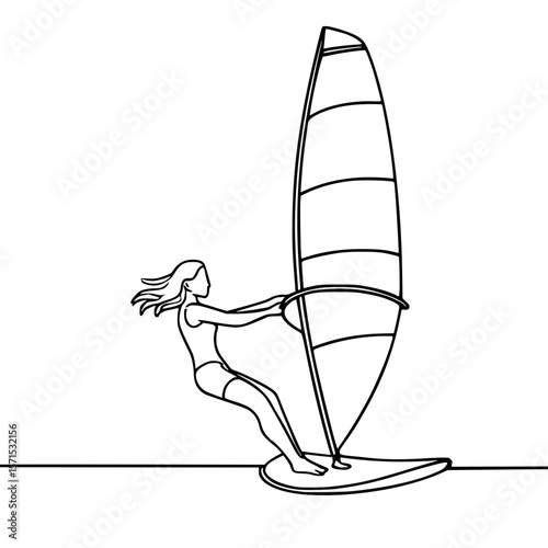 Minimalist Continuous Line Drawing of Woman Windsurfing
