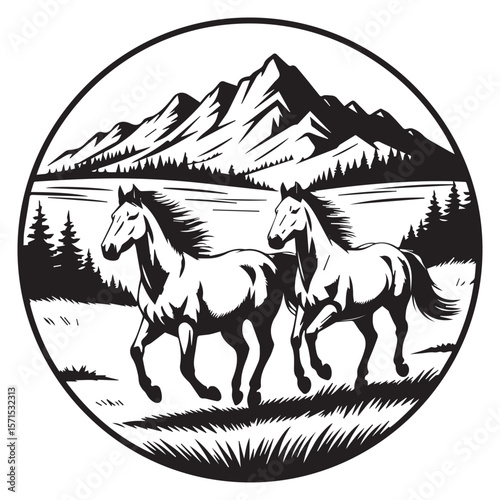 Two majestic horses gallop through a scenic landscape with mountains and trees within a circular frame