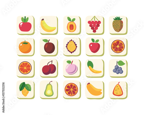 A comprehensive icon set featuring a wide variety of fruits perfect for use in websites apps and print materials includes common and exotic fruit illustrations