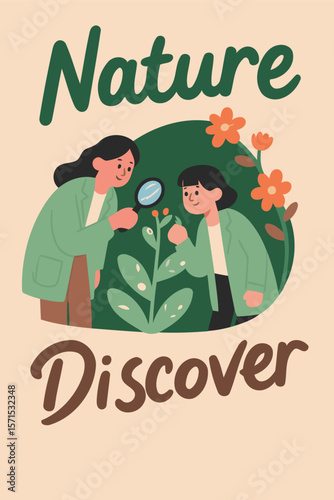 Nature Exploration with Two Individuals Observing Plant Life through Magnifying Glass