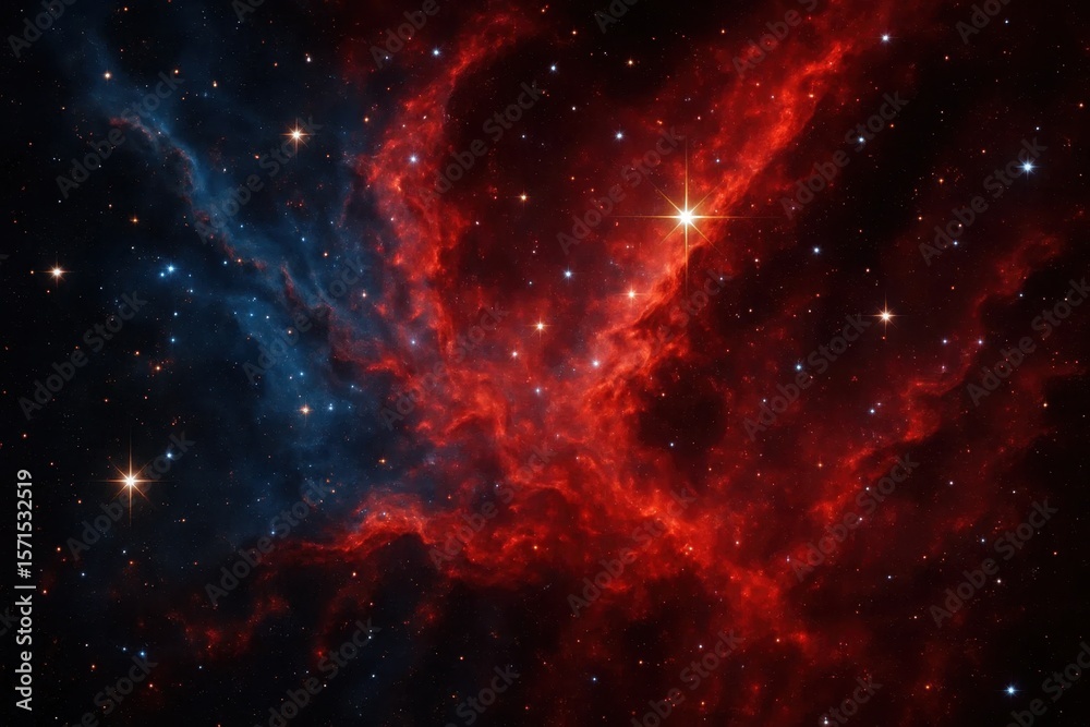 Fototapeta premium Red nebulae glow against a backdrop of black stars, capturing the mystery and beauty of our universe