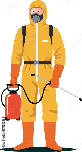 Person in yellow hazmat suit holding red fire extinguisher with safety mask vector illustration 