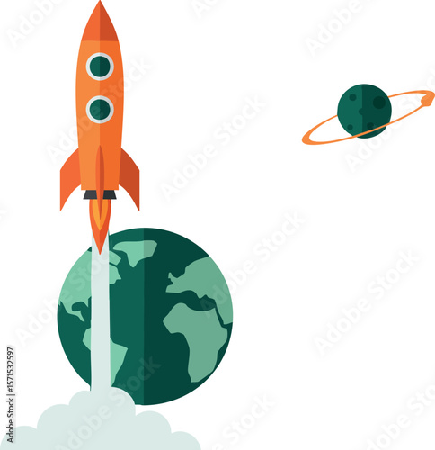 Rocket Launching from Earth with Orbiting Planet Space Exploration Vector Illustration 