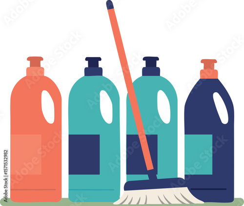 Cleaning bottles with mop in colorful container set illustration vector design 