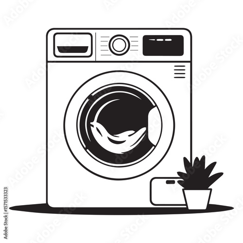 Modern black and white line art illustration of a front loading washing machine with a small potted plant next to it