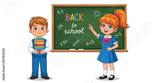 Back to school illustration with students at blackboard vector design for education and learning concept