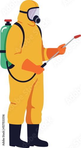 Worker in yellow hazmat suit spraying disinfectant with protective mask vector illustration 