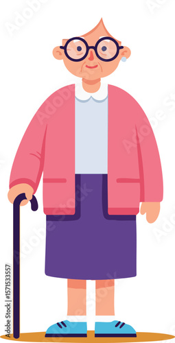 Elderly woman with glasses walking stick in pink jacket and purple skirt vector illustration 