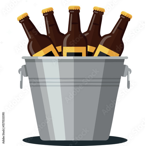 Beer bottles in metal bucket illustration with yellow caps and brown glass vector image 