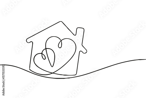 Outline drawing of a house with heart shapes inside  