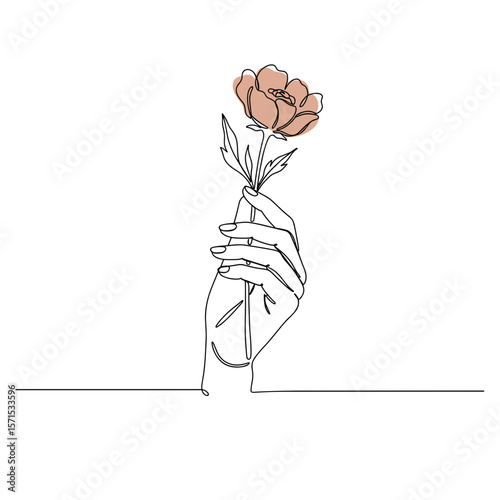Hand holding flower in minimalist line art style  
