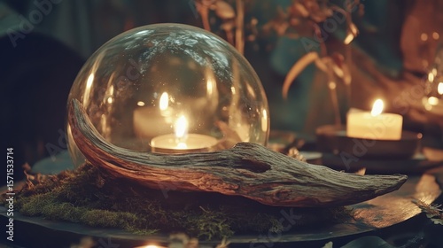 Decorative Glass Dome with Wood and Candles in Romantic Setting
