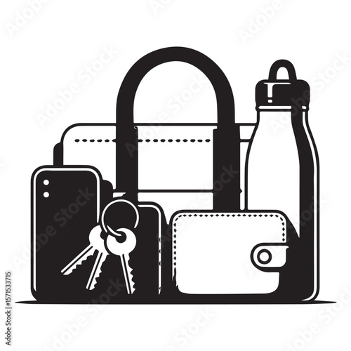 Collection of everyday essential items including a duffel bag smartphone wallet keys and water bottle arranged together