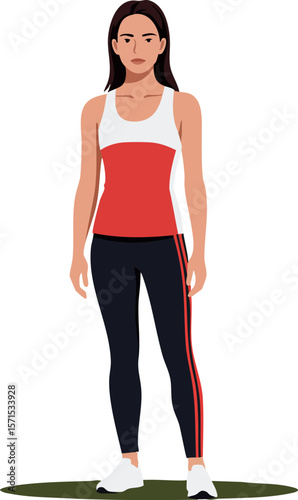 Woman standing in casual red and white top with black pants vector illustration 