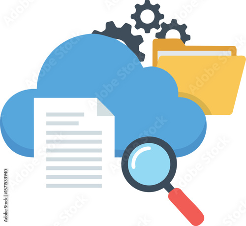 Cloud storage data analysis with magnifying glass and file folder vector illustration 