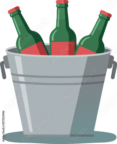 Green glass beer bottles in grey metal ice bucket vector illustration for beverage design 