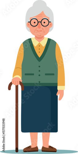 Elderly woman with cane in green vest and blue skirt vector illustration for lifestyle and aging themes 