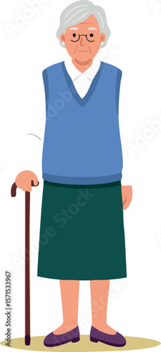 Elderly woman standing with cane wearing blue vest and green skirt vector illustration 