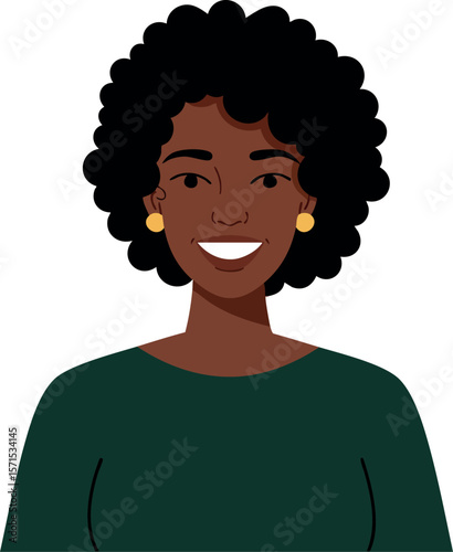 Smiling woman with curly hair wearing green top and gold earrings vector portrait illustration 