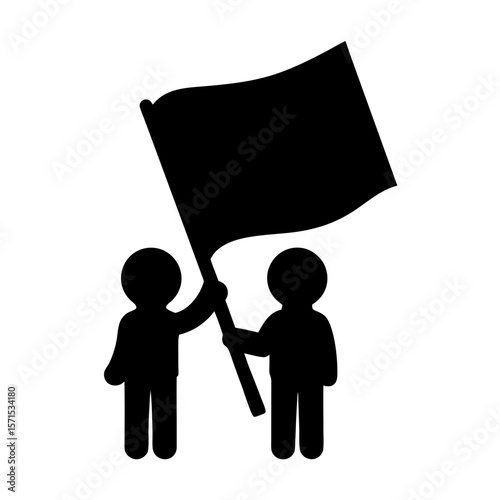 Two protesters raising a large black flag high as a symbol of dissent
