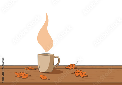 Warm cup of coffee steaming on wooden table with autumn leaves  