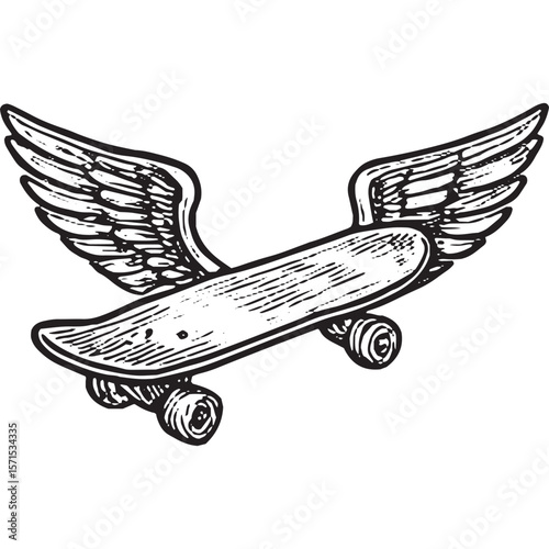 Premium Black and White Skateboard with Wings Vector Art