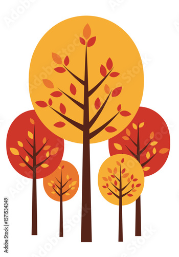 Colorful autumn trees with orange and red leaves in flat design  