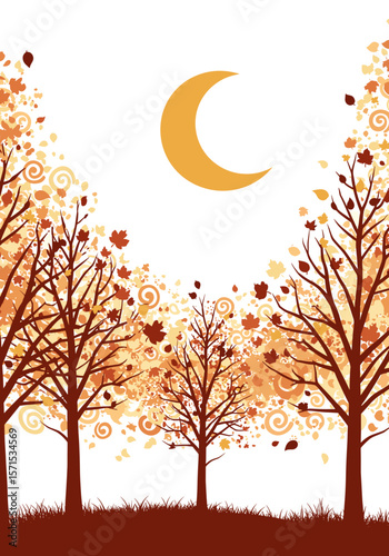Autumn trees with falling leaves and crescent moon in background  