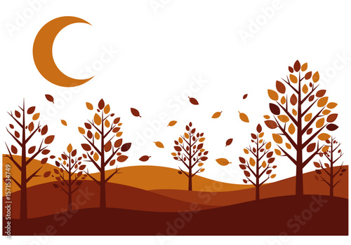 Autumn landscape with colorful trees and moon on white background  