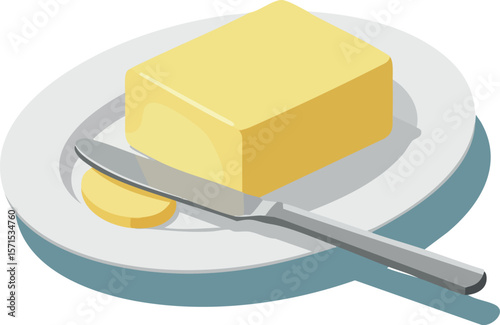 Butter block on white plate with butter knife for kitchen cooking vector illustration 