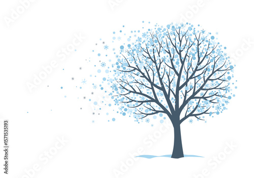 Bare tree in winter season with falling snowflakes on white background  