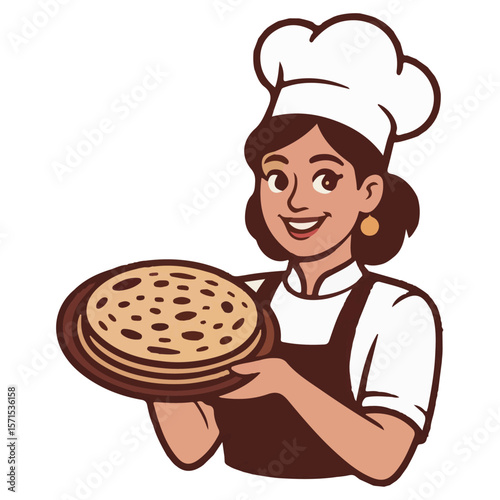 Smiling chef in uniform holding a delicious Italian pizza, perfect for a restaurant or pizzeria illustration