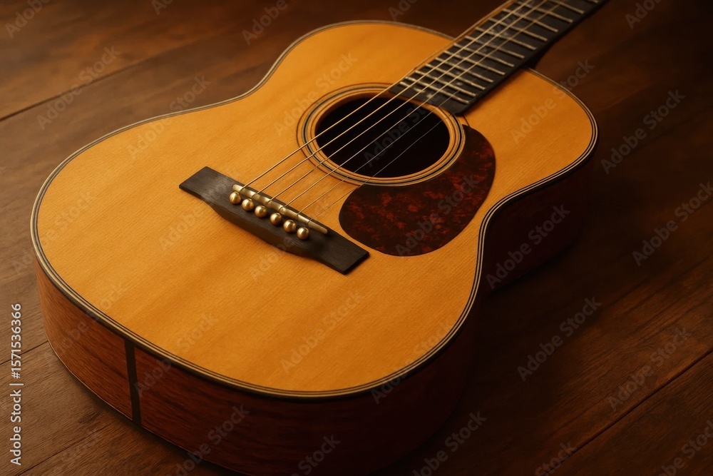Fototapeta premium A Wooden Acoustic Guitar Resting on a Polished Wooden Stage