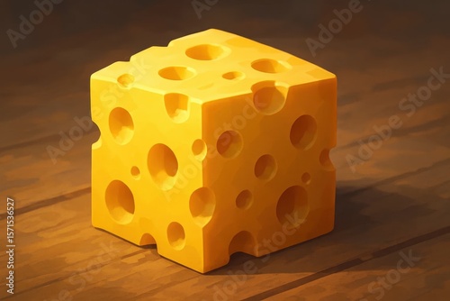A single block of cheese sits on a wooden surface, its holes and holes-in-holes creating an intricate pattern that speaks to the complexity of nature's design
