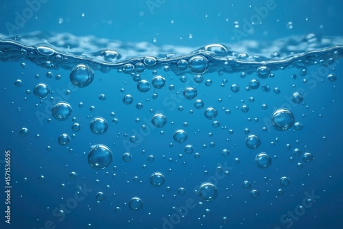 A serene underwater scene unfolds with bubbles floating gently on a deep blue backdrop, creating a tranquil atmosphere