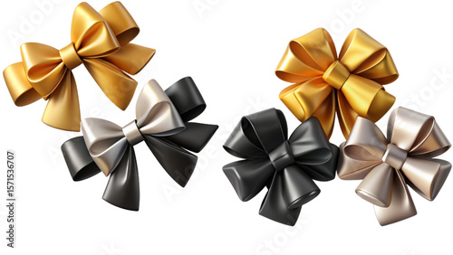 Silk Ribbon Bow PNG Set – Black, Gold, Silver, Bronze Gift Decoration Isolated Transparent