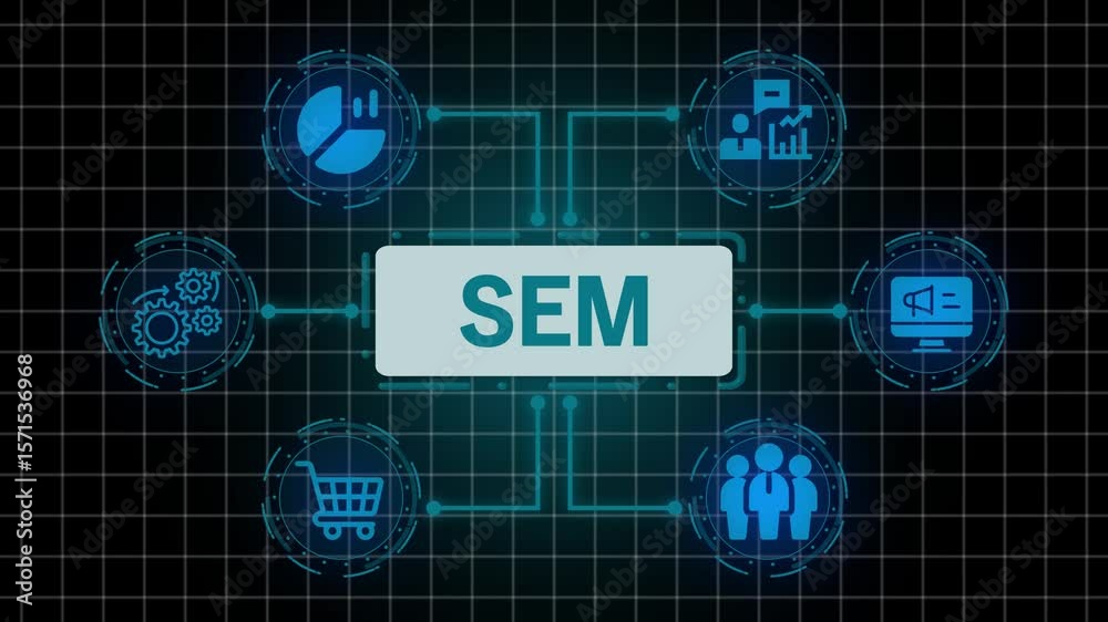 Search Engine Marketing (SEM) Concept with Icons,SEM Digital Marketing Strategy Diagram,Online Advertising: SEM Network,SEM Process and Components Visualization.