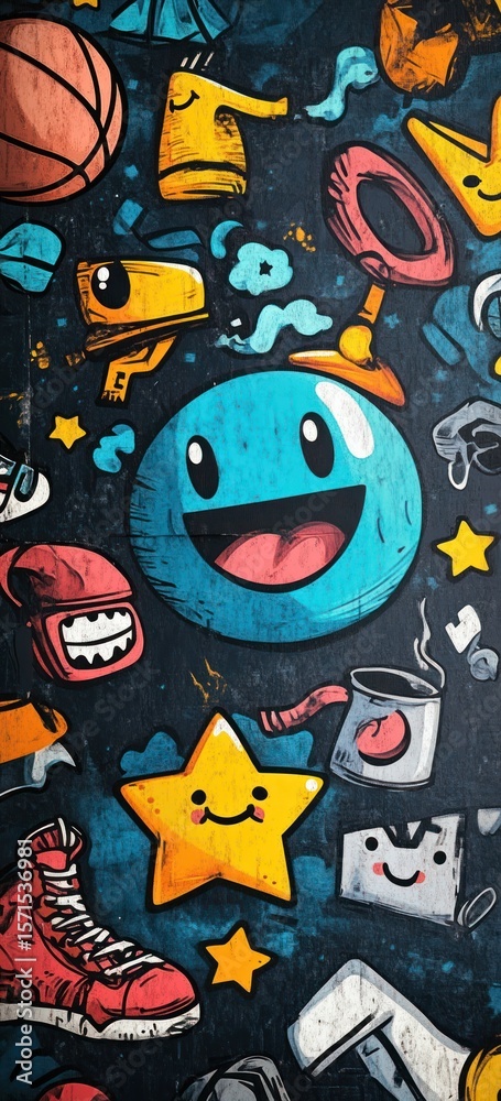 Fototapeta premium Colorful, cartoonish graffiti art with various objects